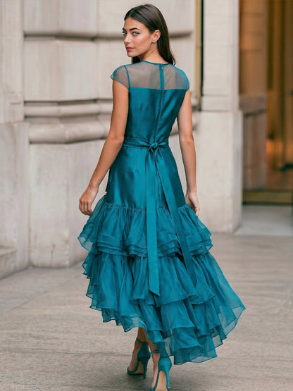 Cap Sleeve Mesh Neck Satin Wrap Dress Multi-Layer Ruffle Asymmetrical Hem