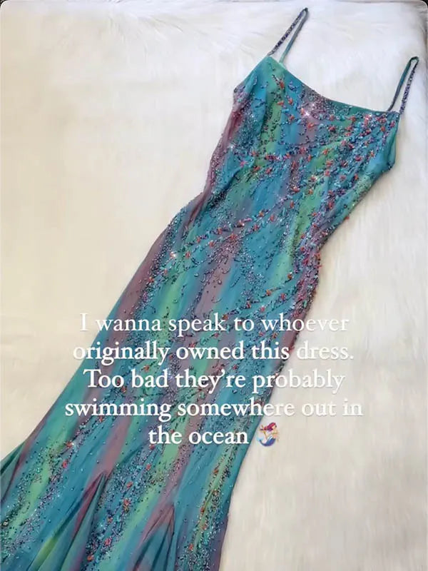 Sequinned Flower Embroidered gradient color Splicing Sleeveless Spaghtti-Neck Evening Maxi Dresses