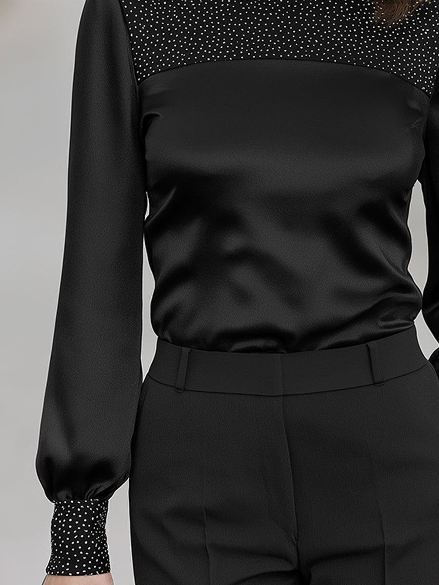 Embellished Yoke Satin Long Sleeve Blouse