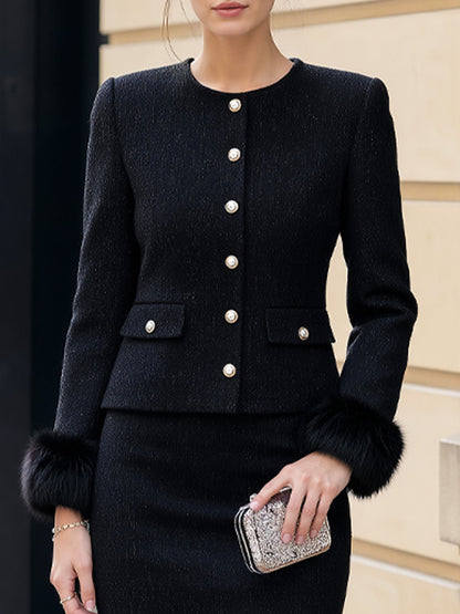 Faux Fur Trim Tweed Crop Jacket & Pencil Skirt Set