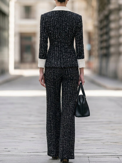 Contrast-Trim Tweed Blazer And Wide-Leg Pants Set