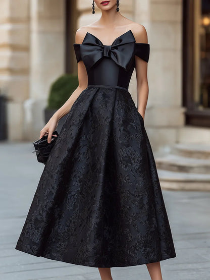 Vintage Jacquard Off-the-Shoulder Bow Formal Midi Gown