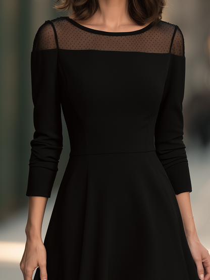 Sheer Yoke Boat-Neck Fit-and-Flare Midi Dress