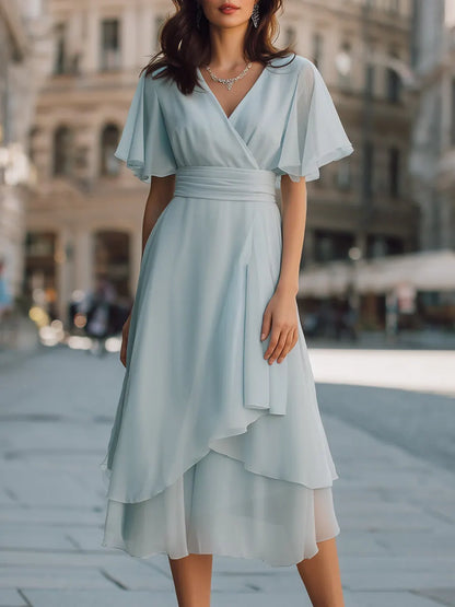 Layered Chiffon Wrap Midi Dress