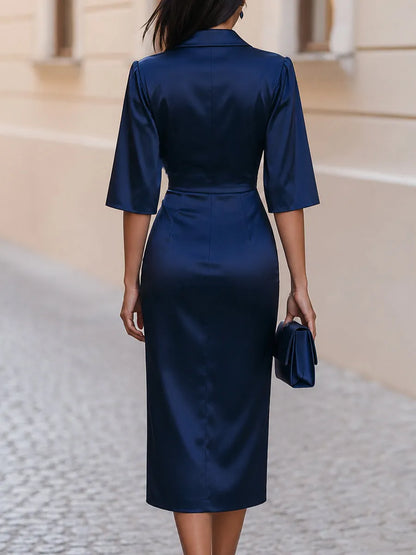 Notched Lapel Wrap V Neck Ruched Side Slit Midi Dress