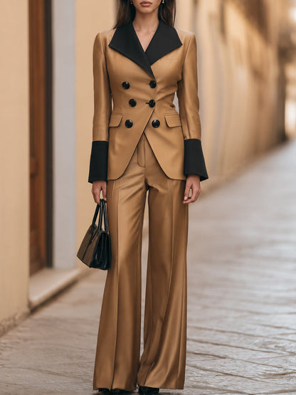 Contrast-Lapel Double-Breasted Wide-Leg Pants Set