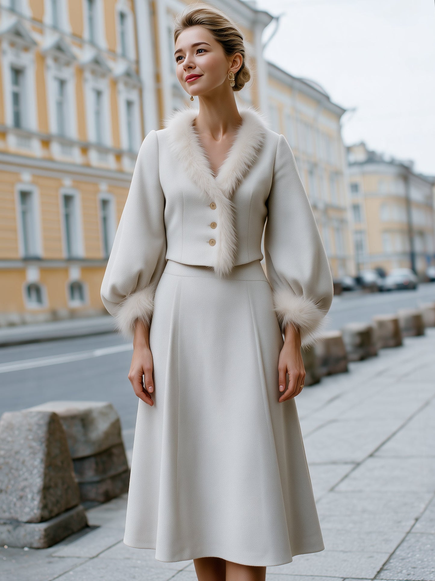 Faux-Fur Trim Wool-Texture Jacket And A-Line Skirt Set