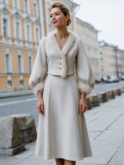 Faux-Fur Trim Wool-Texture Jacket And A-Line Skirt Set
