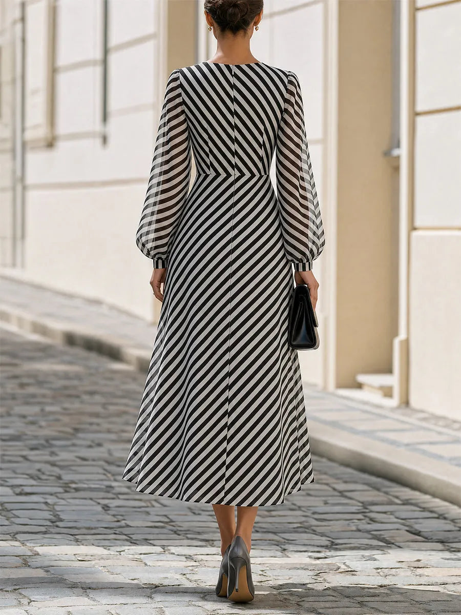 Round Neck Sheer Balloon Long Sleeve Diagonal Stripe Midi Dress