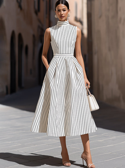 Robe midi trapèze sans manches à col montant, élégante, à fines rayures