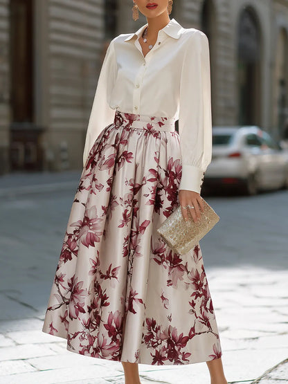Collared Button-Front Blouse And Floral Full Midi Skirt Set