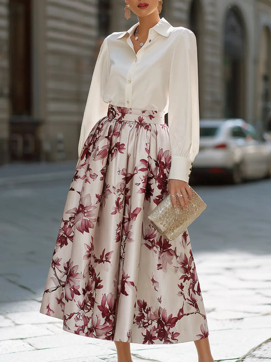 Collared Button-Front Blouse And Floral Full Midi Skirt Set