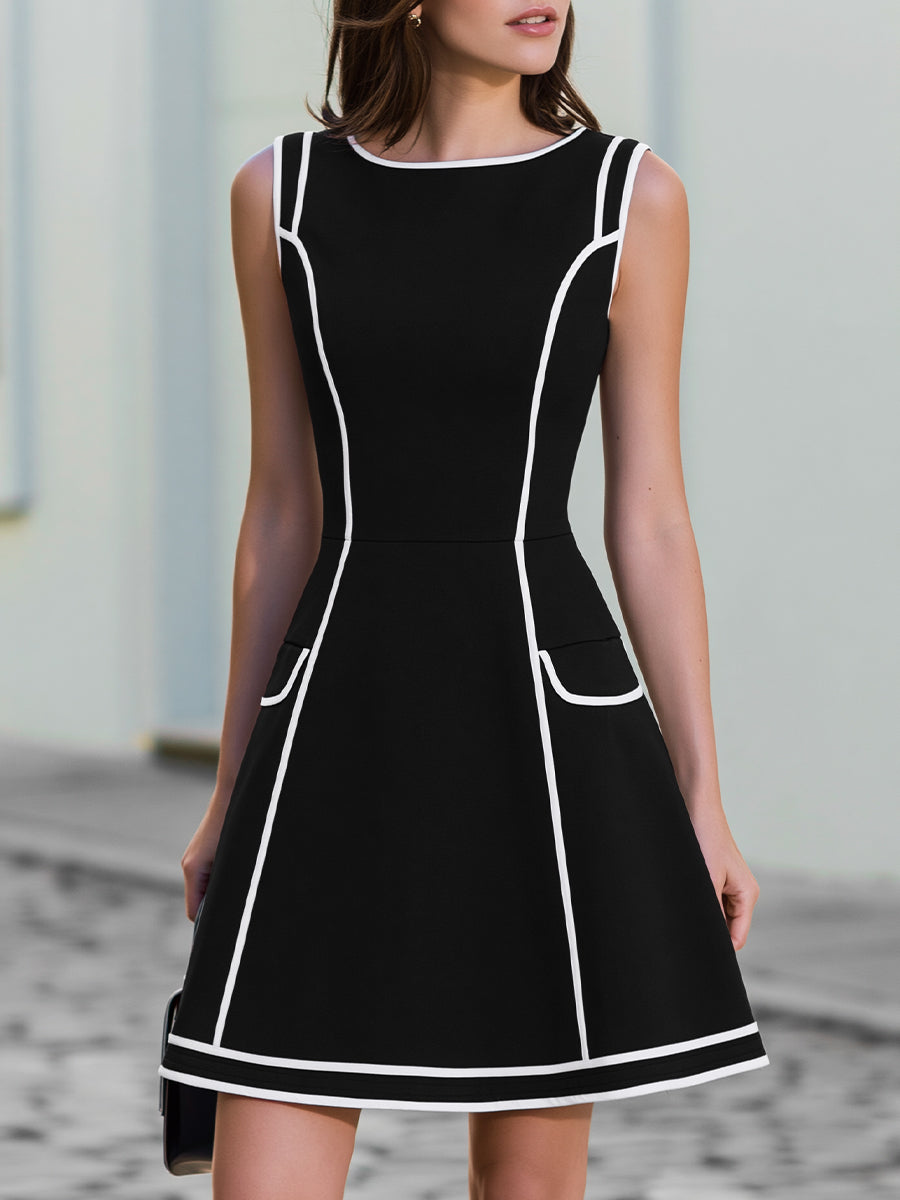 Black And White Contrast Trim Fit-and-Flare Sleeveless Dress