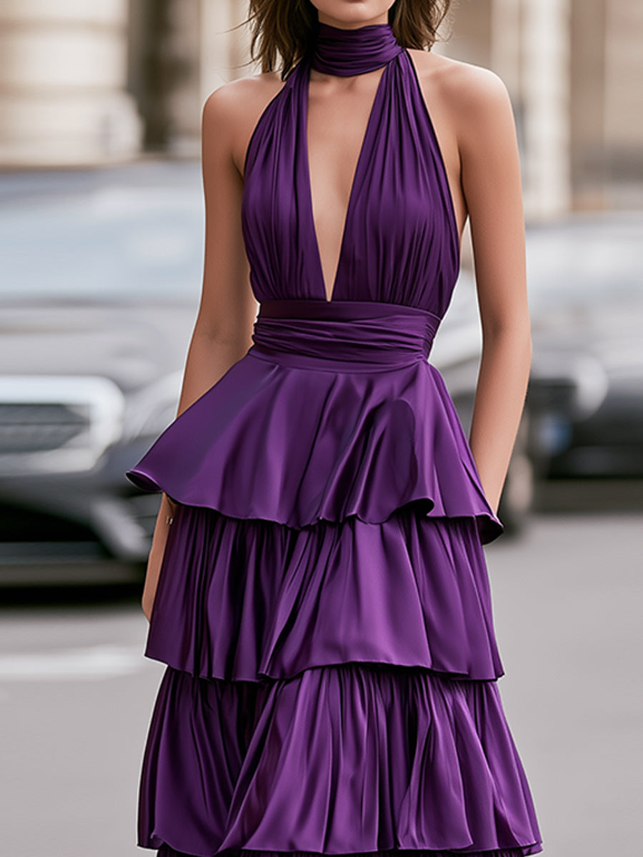 High Neck Halter Plunging V Bodice Ruched Waist Cascading Ruffle Tiered Long Dress