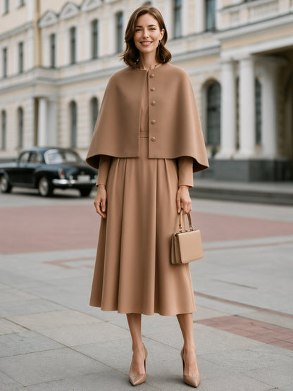 Wool-Texture Cape And A-Line Dress Set