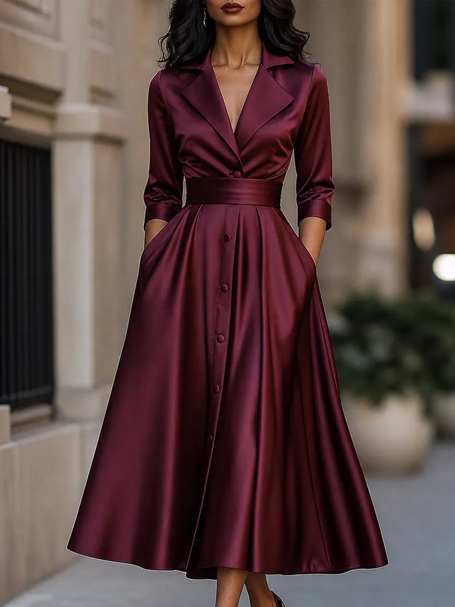 Elegant Satin Notched-Lapel Button-Front A-Line Midi Dress