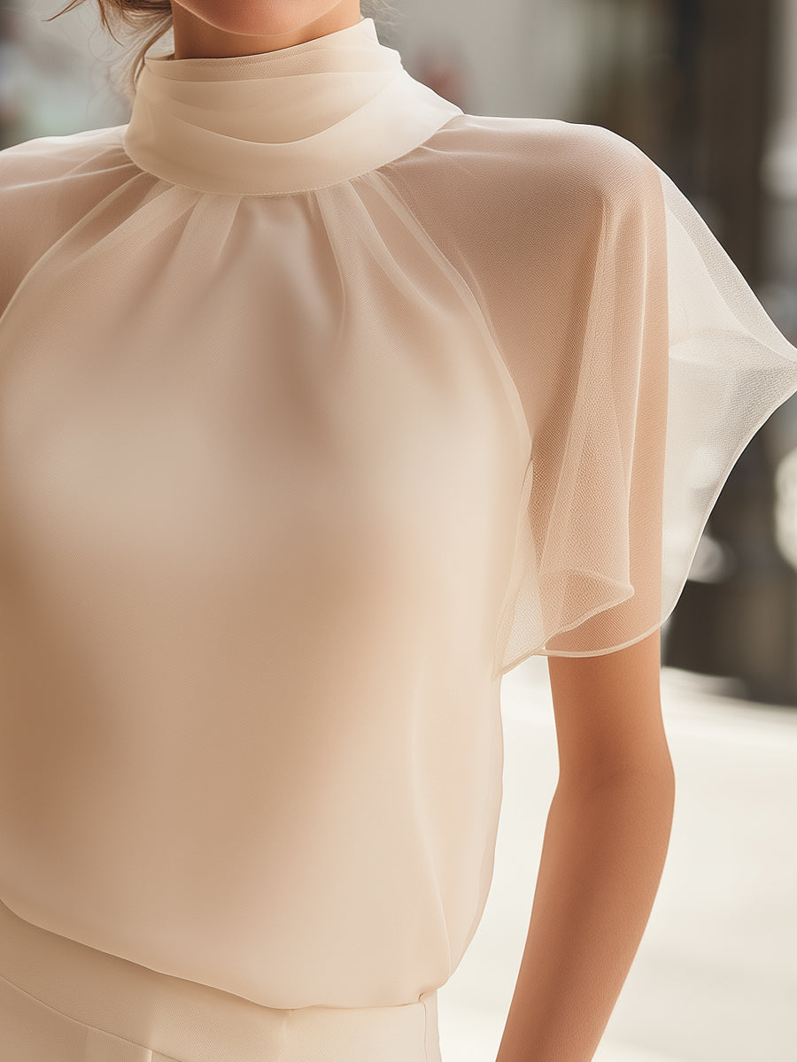 Flutter Sleeve Mock Neck Blouse with Soft Draped Silhouette