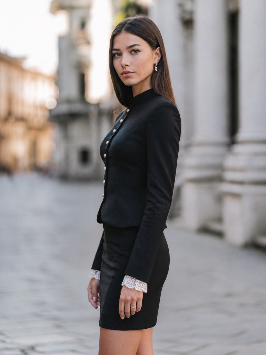 Pearl Button Jacket And Pencil Skirt Set