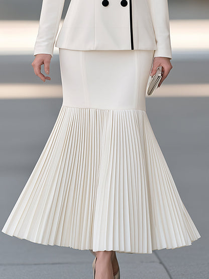 White Contrast Trim Double-Breasted Blazer Pleated Skirt Suit Set