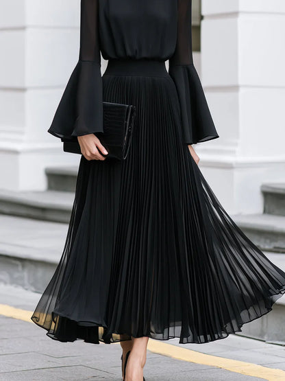 Pleated Chiffon Bell-Sleeve A-Line Maxi Dress