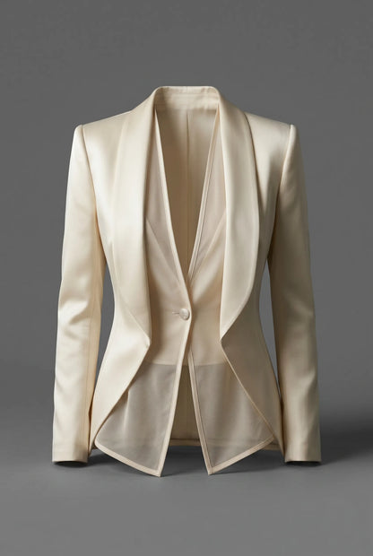 Sheer Panel Deep V Blazer Jacket With Single Button Closure