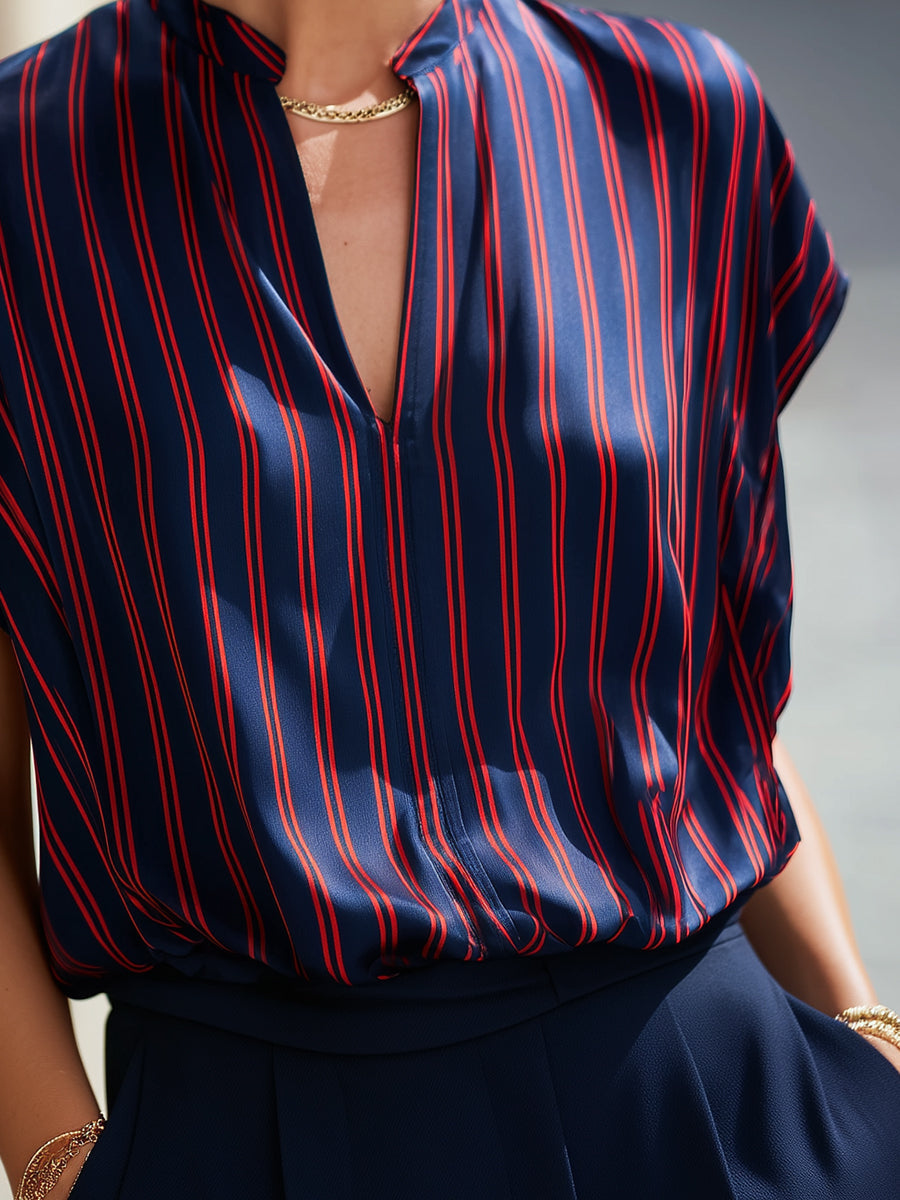 Stand Collar Split Neck Striped Satin Dolman Blouse