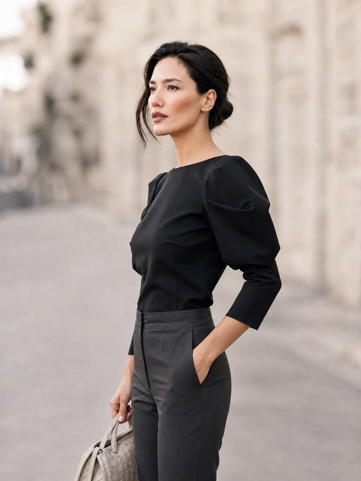 Women's Puff Sleeve Boat Neck Blouse - Elegant Structured Top