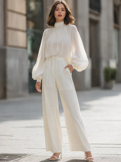 Elegant High Neck Lantern Sleeve Blouse & Wide Leg Trousers Set