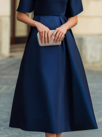 Mock Neck Short Sleeve Glossy Satin Tailored Waist Full A-Line Midi Dress