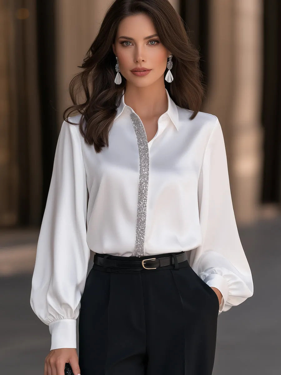 Pointed Collar Sequin Placket Satin Blouse