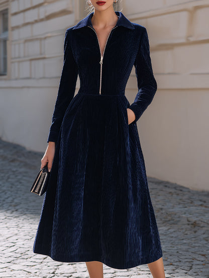 Vertical Corduroy Lapel Zip Front Midi Fit-and-Flare Dress