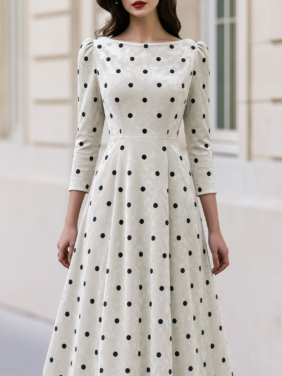 Polka Dot Velvet Fit‐and‐Flare Midi Dress