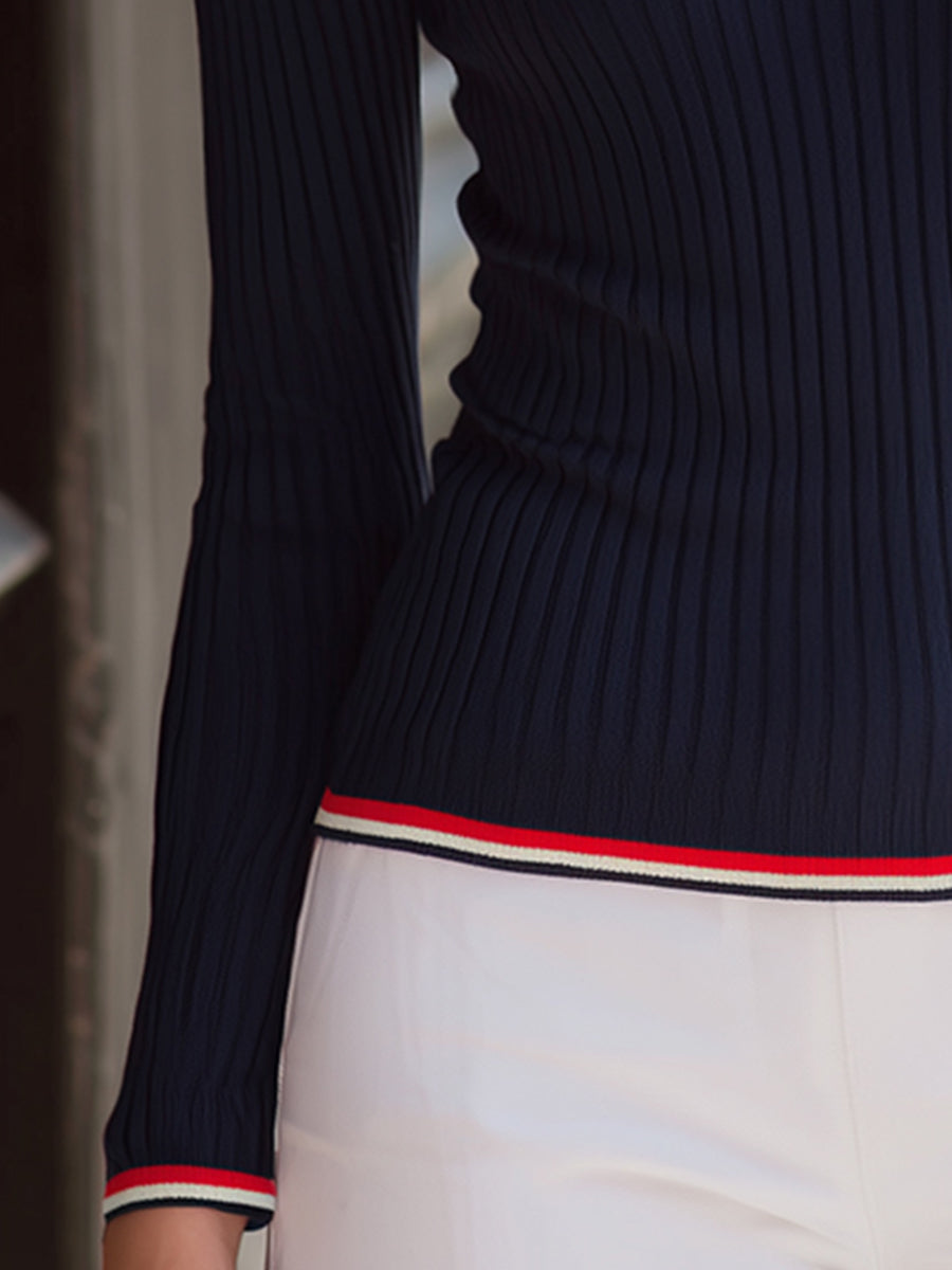 Contrast Striped V-Neck Polo Knit Sweater