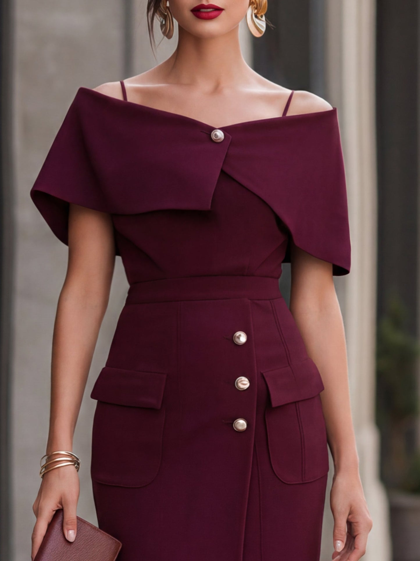 Off-Shoulder Asymmetric Foldover Mock Button Slit Pencil Midi Dress