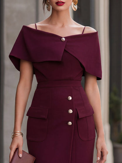 Off-Shoulder Asymmetric Foldover Mock Button Slit Pencil Midi Dress