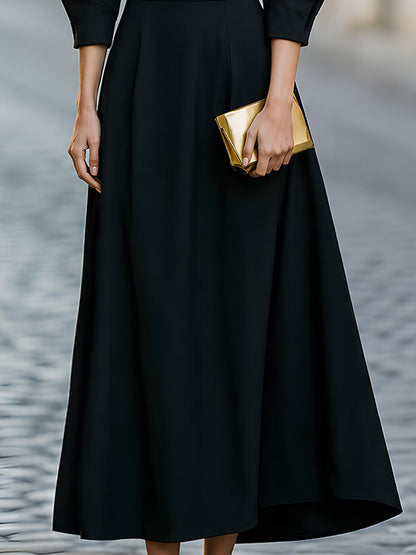 Structured Long Sleeve A-Line Flared Hem Midi Dress