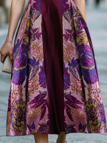 Floral Jacquard Panel V-Neck A-Line Midi Dress
