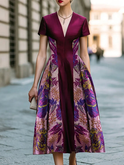 Floral Jacquard Panel V-Neck A-Line Midi Dress
