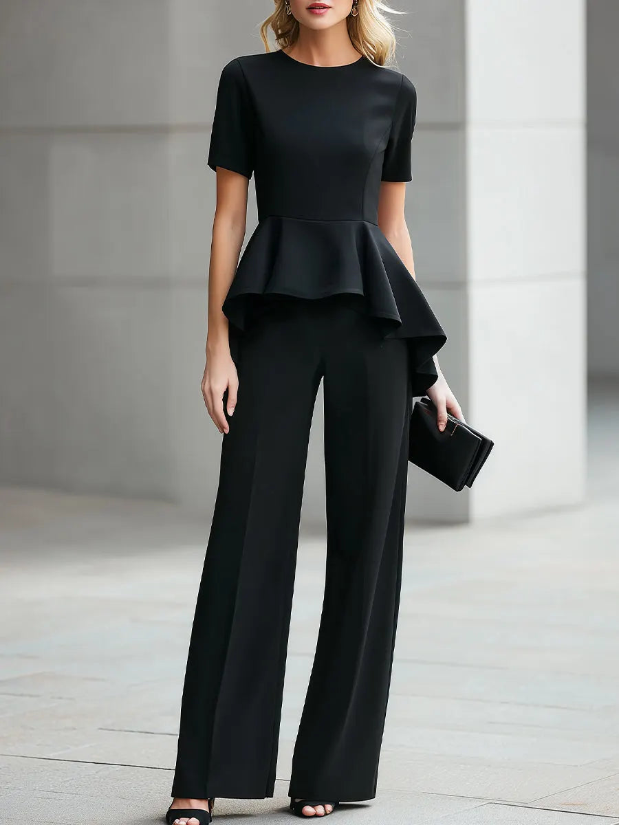 Short-Sleeve Peplum Top & High-Waisted Wide-Leg Trousers Two-Piece Suit