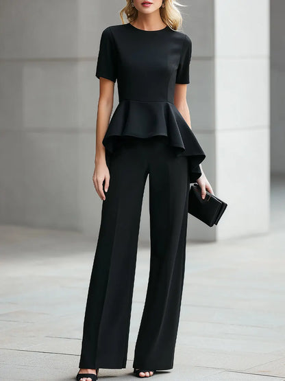 Short-Sleeve Peplum Top & High-Waisted Wide-Leg Trousers Two-Piece Suit
