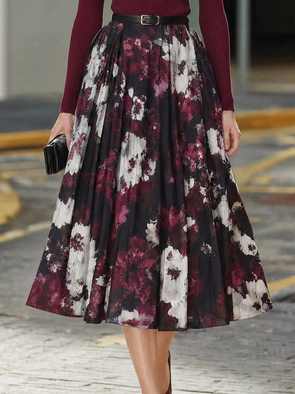 Ribbed Knit Top & Floral Pleated Midi Skirt Tailored Set