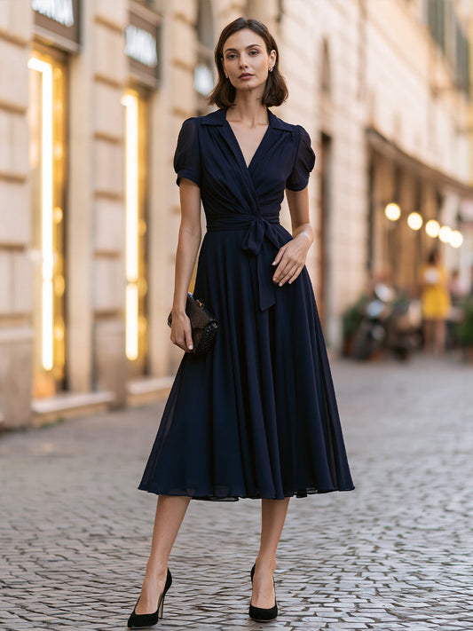 Elegant Wrap V-Neck Tie Waist Midi Dress With Puff Sleeves