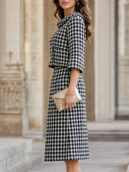 Elegant Black And White Tweed Two-Piece Skirt Set