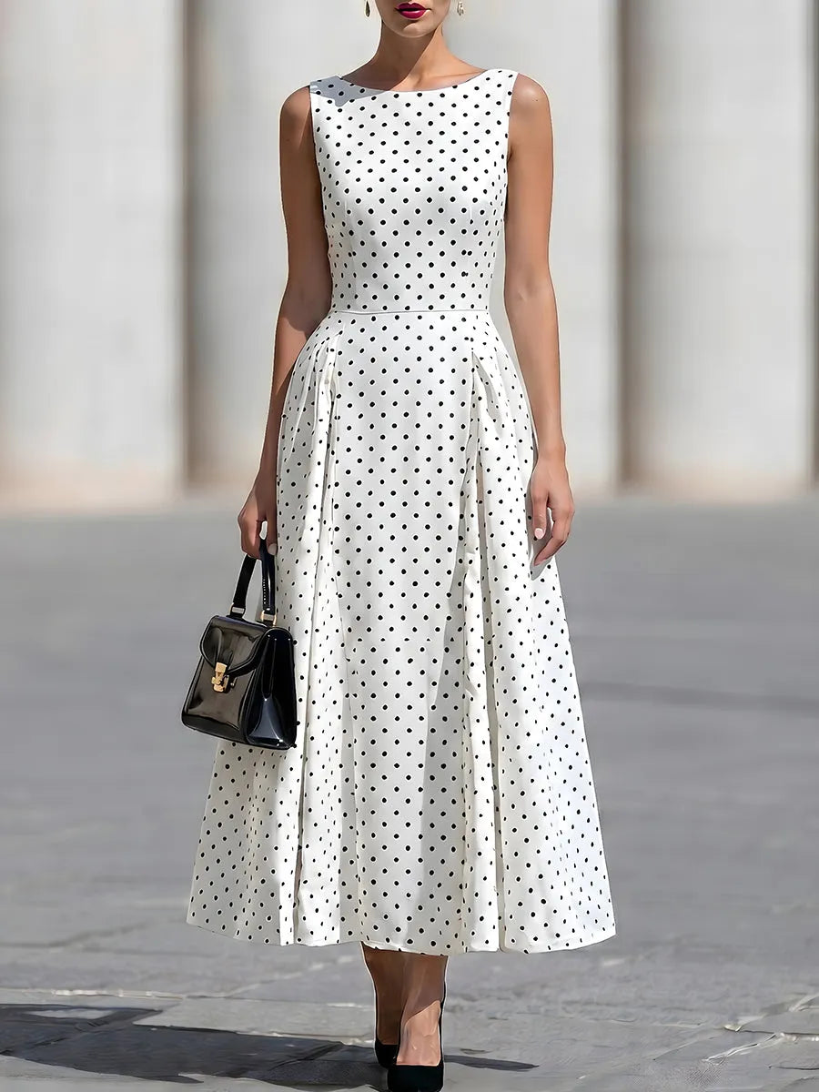 Sleeveless Boat Neck Polka Dot Fit-and-Flare Midi Dress