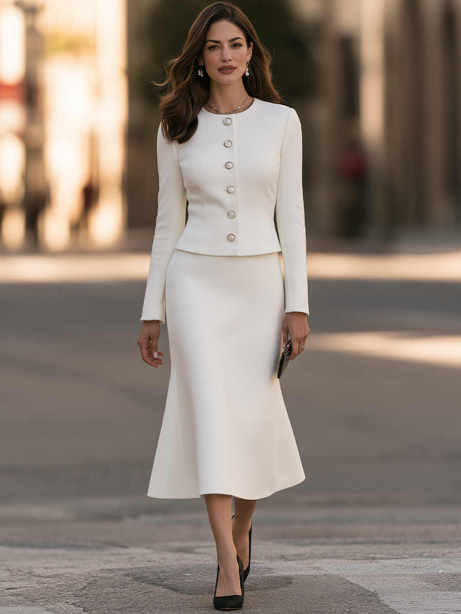 Round-Neck Pearl-Button Fitted Jacket And Fishtail Midi Skirt Set