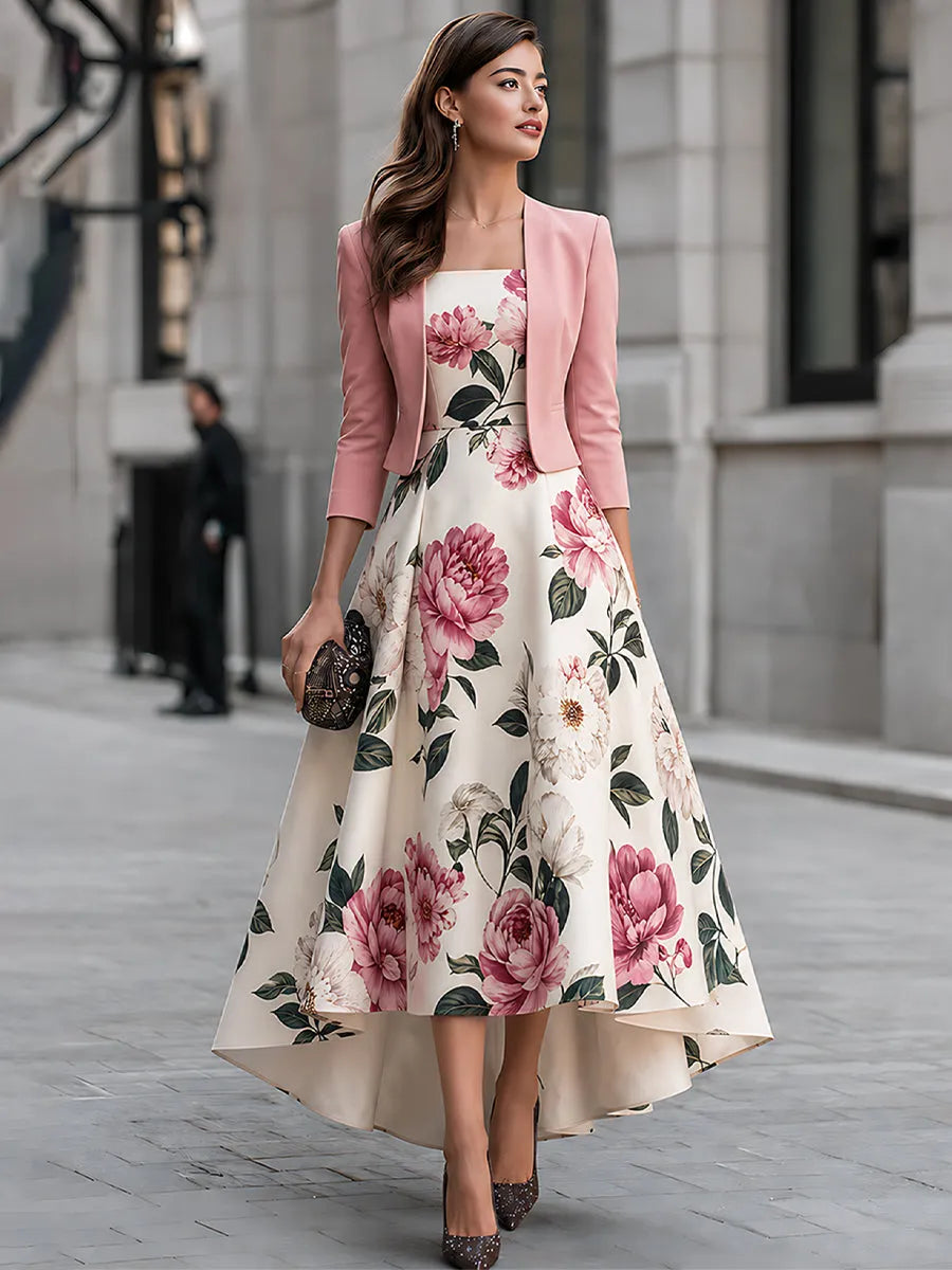 Floral Print High-Low Dress And Cropped Jacket Set