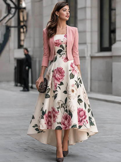 Floral Print High-Low Dress And Cropped Jacket Set