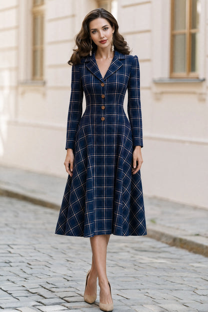 Notched Lapel Plaid Long Sleeve Button Front Fit & Flare Midi Dress