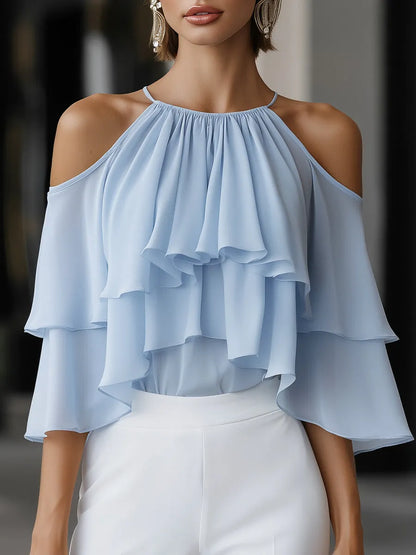 Elegant Cold-Shoulder Tiered Ruffle Chiffon Blouse