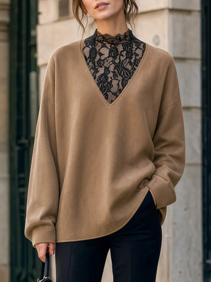 Faux Suede Lace Paneled V-Neck Top